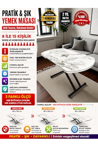 Oval Yan Baştan Açılır Akıllı Masa Üst Tabla Mdf Yüksekliği Ayarlanabilir Pratik Siyah Mekanizmalı Beyaz Mermer