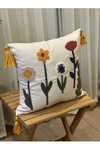 Tekli Punch İşlemeli Çiçekli Flowers Pançlı Nakışlı Dekoratif Kırlent Kılıfı 35x50 Kırmızı