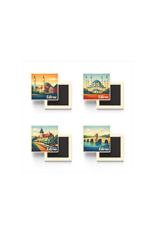 Edirne - 4'lü Memleket Seti - Baskılı Buzdolap Magneti Kare - 9x9 Cm - 4 Adet