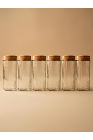 6'li Set Ahşap Desen Kapaklı Cam Saklama Kabı 1350 Ml - Açık Kahve