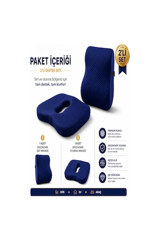 Ortopedik Sırt Ve Oturma Minderi Seti Bel, Sırt Ve Kuyruk Sokumu İçin Ergonomik Visco Destek Lacivert