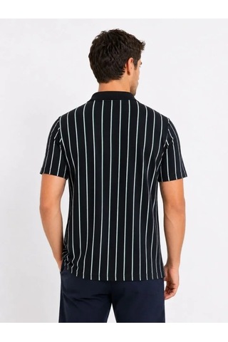 Defymoda Erkek Pike Kumaş Çizgili Polo Yaka Tişört Kısa Kol Yazlık T-shirt - Siyah
