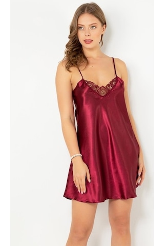 D' Kit Boutique Ince Askılı Güpürlü Mini Saten Gecelik