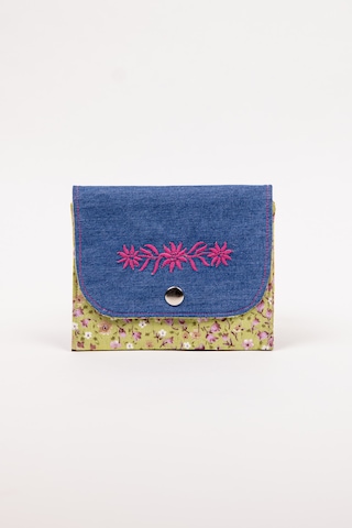 Fabric Craft Bag Kadın Cüzdanı Denim Kumaş Çiçek Nakışlı Çift Bölmeli 13x11 Cm Mavi - Yeşil