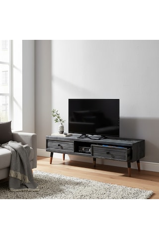 Mobenta Stria Tv, Doğal Masif Ahşap Tv Ünitesi 2 Çekmeceli 1 Raflı - 150 An Antrasit