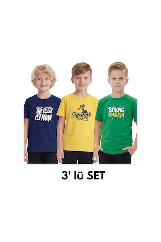 Fyk Kids 3'lü Yuvarlak Yakalı Baskı Detaylı Basic 3 Parça Erkek Çocuk Tişört Lacivert - Sarı
