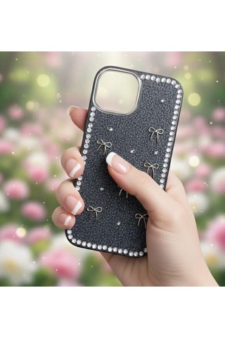 Apple Uyumlu iPhone 15 Fiyonk Figürlü Simli İnci Taşlı Lüx Silikon Kılıf Siyah