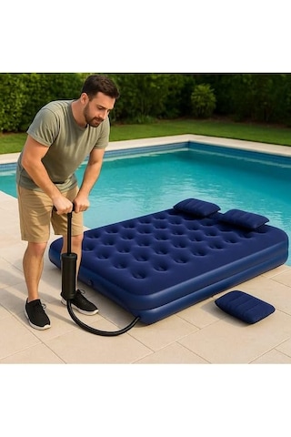 Taşınabilir Çift Kişilik Şişme Yatak + Pompa 203x152x22 Cm Kamp & Misafir Kullanımı Lacivert