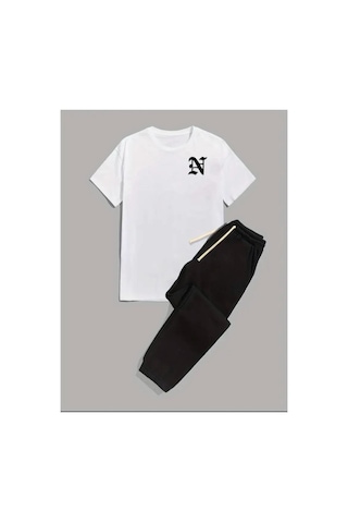 Medinenur Yazı Baskılı T-shirt Eşofman Altı Jogger Rahat Kalıp Siyah Eşofman Takım Beyaz