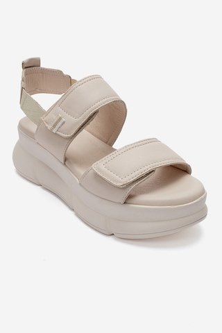 Luvishoes Celeste Krem Hakiki Deri Cırt Bantlı Kadın Kalın Tabanlı Sandalet