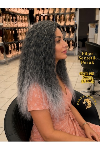Afro Su Dalgası Peruk Fiber Sentetik Siyah Gri Ombre