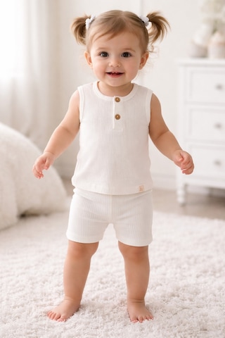 Joviel Baby & Kıds Soft Önden Düğme Detaylı Kalın Askılı Badi Tayt Takım Ekru Ekru