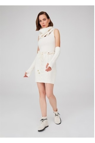 Peraluna Saç Örgü Desenli Kadın Triko Etek Ekru