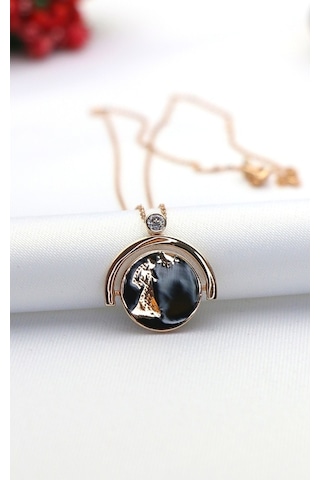 Çift Yönlü Siyah Gelin Damat Teklif Gümüş Kolye-Rose Gold