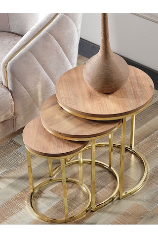 3' Lü Açık Ceviz Ahşap Gold Metal Sehpa