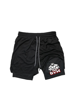 Hızlı Kuruyan 2 İn 1 Yetişkin Unisex Spor Gym Gorilla Baskılı Taytlı Şort Fitness Gym Antrenman Halı Siyah