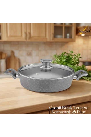 28 Cm Granit Karnıyarık & Pilav Tenceresi Cam Kapak - Gri Gri