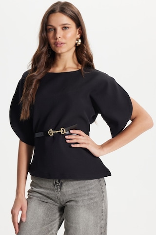 Tudors Kadın Slim Fit Dar Kesim Kol Detaylı İnce Kemerli Fermuarlı Siyah Bluz Gömlek-50758