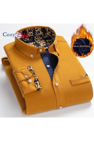 Cosy Up Fitilli Kadife Sıcak Erkek Polar Gömlek Kış İçin Sıcak Gömlek Sarı