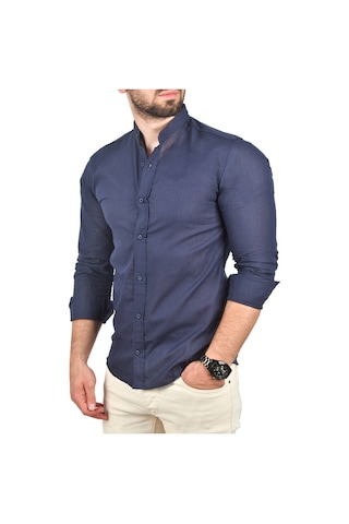 Deepsea Erkek Lacivert Slim Fit Dar Kesim Keten Gömlek Hakim Yaka Pamuklu Keten Spor Gömlek 2201895 Lacivert
