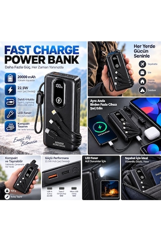 Xiaomi 16 / 16 Pro / 16 Ultra Uyumlu 20000 Mah Powerbank 22.5w Hızlı Şarj 4 Dahili Kablolu Led Fenerli Dijital Göstergeli Siyah