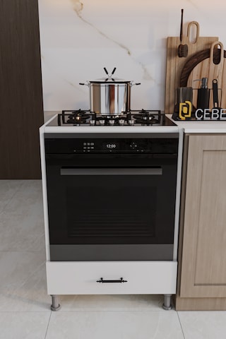 Cebese Ankastre Fırın Ve Ocak Dolabı Ayaklı Siyah Kulplu Modern Mutfak Dolabı Beyaz Renk Beyaz