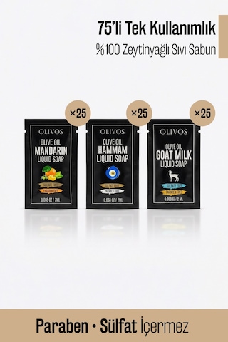 Olıvos Tek Kullanımlık Zeytinyağlı Sıvı Sabun 2 Ml X 75 Okul-seyahat-otel Paraben & Sülfat İçermez