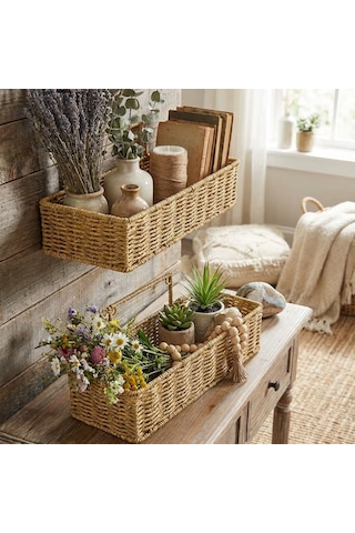 Büro Ev Ofis Düzeni İçin 2parça Hasır Stil Rattan Plastik Dörtgen Organizer Ünite Duvar Askısı Diğer