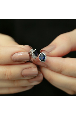 Lova Pırlantalı Oval Safir Anturaj Küpe - 3040014