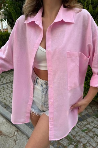 Rouge Basıc Oversize Keten Dokulu %100 Pamuk Salaş Gömlek Pembe