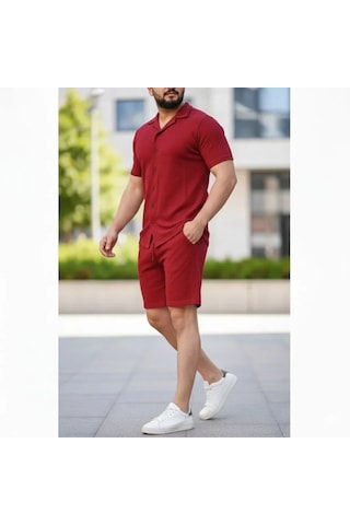Epilons Zenda1125 Erkek Waffle Kumaş Kısa Kollu Gömlek Şort Takım Regular Fit Yazlık İkili Set - Bordo Zenda478