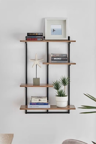 Aju Modern Duvar Rafı - 4 Katlı Metal Şık Modern Yüzen Pencere Duvar Rafı Kitaplık Düzenleyici Raf Siyah