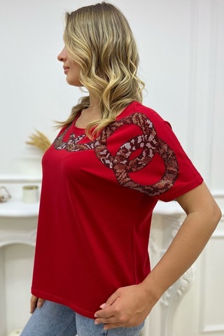 Rich Glam Bol Kalıp Leopar Crystal Taşlı Büyük Beden Kırmızı Şık Rahat Kadın T-shirt Kırmızı