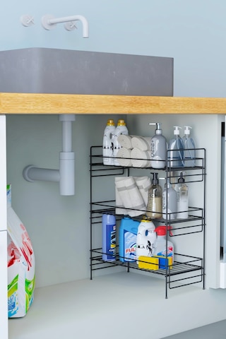 3 Katlı Evye Tezgah Altı Raf Banyo Mutfak Dolabı Çok Amaçlı Düzenleyici Deterjanlık Organizer 35x15 Siyah