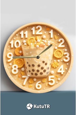 Zamanın Tadı Bubble Tea Temalı Sessiz Yuvarlak Ahşap Duvar Saati, Kuvars Coffe Desen 2d Sdw2014 Renkli