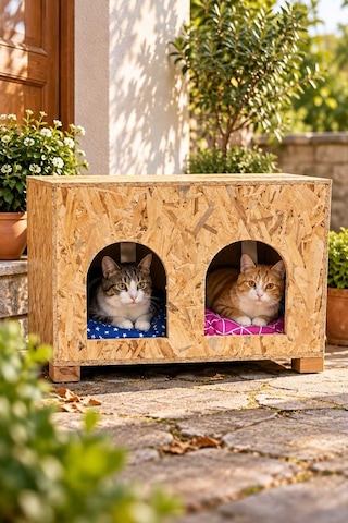 Reyo 2 Bölmeli 2 Minderli Yerden Yüksek Kedi Yuvası Su ve Isı Yalıtımı İç ve Dış Mekan Kedi Barınağı Osb Kedi Evi 61 x 41 x 36 CM CAT51M