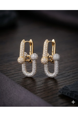 Kadın Gümüş Ve Gold İki Renk Detay Full Taşlı Çelik Küpe Gold - Gümüş