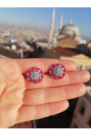 Silver Point Pembe Taşlı Çivili Küpe Gümüş