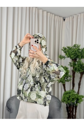 On Fashion Kapüşonlu Desenli Fermuarlı Kadın Yeşil İnce Mont 52704 Yeşil