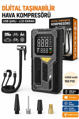 Şarjlı Dijital 4000mah 150 Psı Hava Pompası Araç Lastik, Bisiklet, Top Şişirme Hava Kompresörü 0 - 150 Psı 0 - 10 Bar