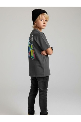 Zekids Erkek Çocuk Pamuklu Sırt Baskılı Kısa Kollu Tasarım T-shirt-16866 Gri