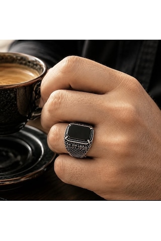 Simurg Jewellery 925 Ayar Gümüş İsimli Oniks Taşlı Erkek Yüzük