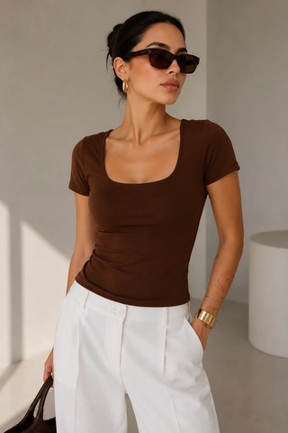 Bb Butik Basic Soft Touch Kare Yaka Body Tulum Astarlı Md3535 Kahverengi