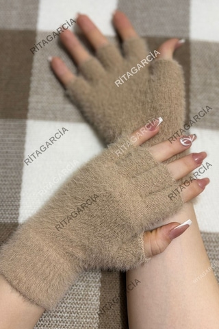 Peluş Kesik Parmak Eldiven Bej2