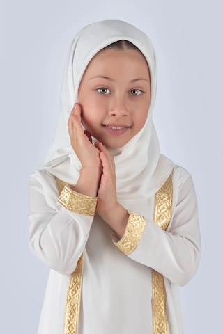 Eşarplı Ferace Medine İpek Kumaş Kız Çocuk Beyaz