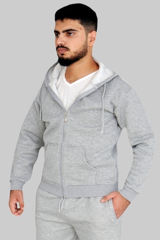 Gri 3 Iplik Fermuarlı Kapşonlu Sweatshirt Gri