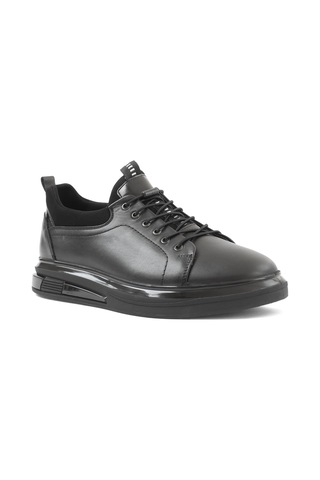 Erkek Siyah Bağcıklı Kalın Tabanlı Deri Sneaker