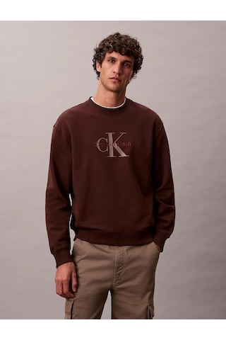 Erkek %100 Pamuklu Ck Logolu Yuvarlak Yakalı Uzun Kollu Kahverengi Sweatshirt Kahverengi