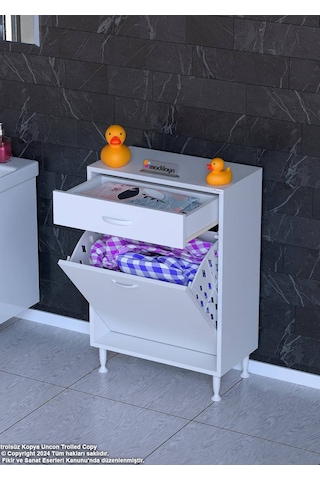 Eliusta Asil 55 Cm Kirli Çamaşır Sepetli Banyo Dolabı 1 Çekmeceli Mutfak Çok Amaçlı Dolap 55x88x32,5 Cm Beyaz