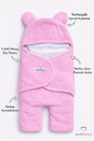 Babyden's 0-12 Ay Welsoft Peluş Bebek Dış Kundak Uyku Tulumu Ayıcık Kulaklı İçi %100 Pamuk Astarlı Battaniye Pembe